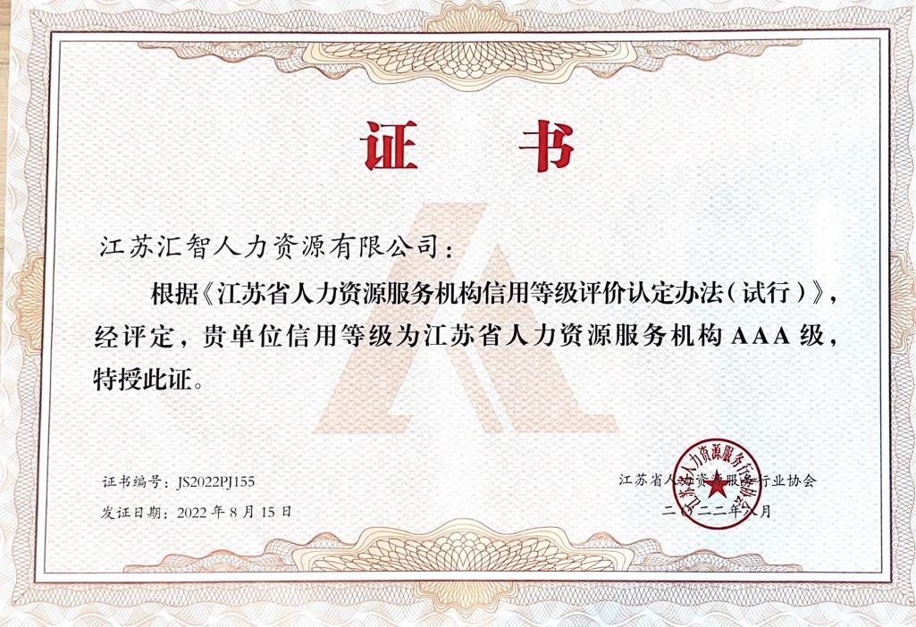 匯智人力榮獲江蘇省人力資源服務(wù)機構(gòu)信用等級AAA級